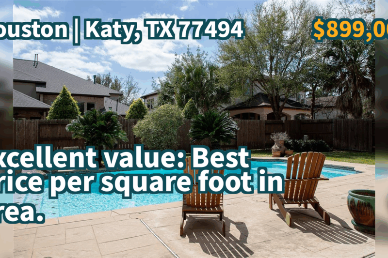 Katy, TX 77494 | $899,000 | 4,874 Sqft, 5 beds, 4 full and 1 half baths, Single-Family | Excellent value: Best price per square foot in area.