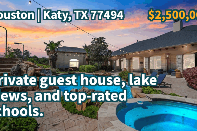 Katy, TX 77494 | $2,500,000 | 8,597 Sqft, 5 beds, 6 full and 2 half baths, Single-Family | Private guest house, lake views, and top-rated schools.