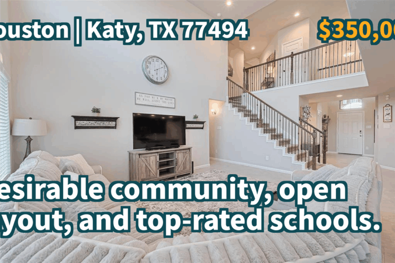 Katy, TX 77494 | $350,000 | 2,382 Sqft, 4 beds, 2 full and 1 half baths, Single-Family | Desirable community, open layout, and top-rated schools.