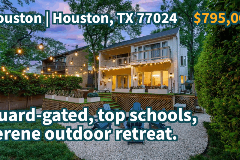 Houston, TX 77024 | $795,000 | 3,205 Sqft, 3 beds, 2 full and 1 half baths, Single-Family | Guard-gated, top schools, serene outdoor retreat.