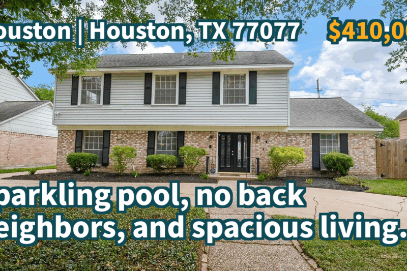 Houston, TX 77077 | $410,000 | 2,939 Sqft, 4 beds, 2 full and 1 half baths, Single-Family | Sparkling pool, no back neighbors, and spacious living.