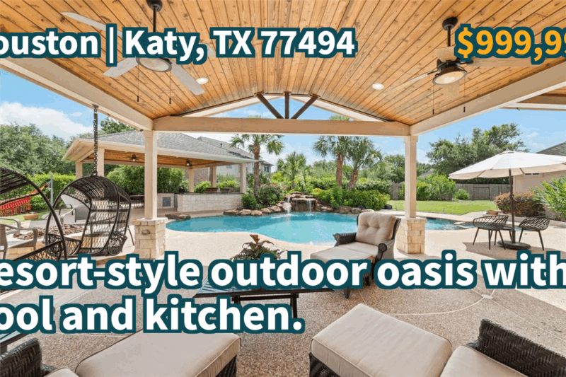 Katy, TX 77494 | $999,999 | 3,916 Sqft, 5 beds, 5 full baths, Single-Family | Resort-style outdoor oasis with pool and kitchen.