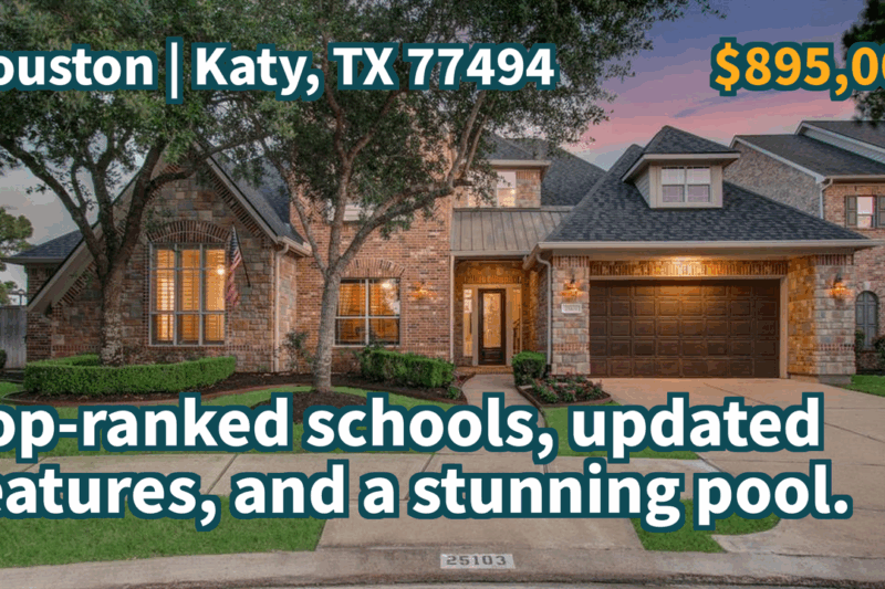 Katy, TX 77494 | $895,000 | 4,458 Sqft, 4 beds, 4 full and 1 half baths, Single-Family | Top-ranked schools, updated features, and a stunning pool.