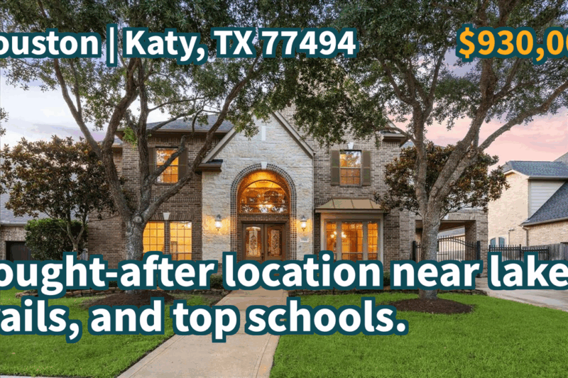 Katy, TX 77494 | $930,000 | 4,474 Sqft, 5 beds, 4 full and 1 half baths, Single-Family | Sought-after location near lake, trails, and top schools.