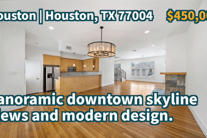 Houston, TX 77004 | $450,000 | 2,501 Sqft, 3 beds, 3 full and 1 half baths, Single-Family | Panoramic downtown skyline views and modern design.