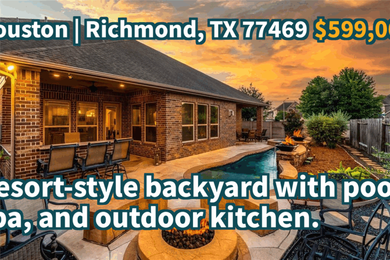 Richmond, TX 77469 | $599,000 | 3,782 Sqft, 5 beds, 4 full and 1 half baths, Single-Family | Resort-style backyard with pool, spa, and outdoor kitchen.