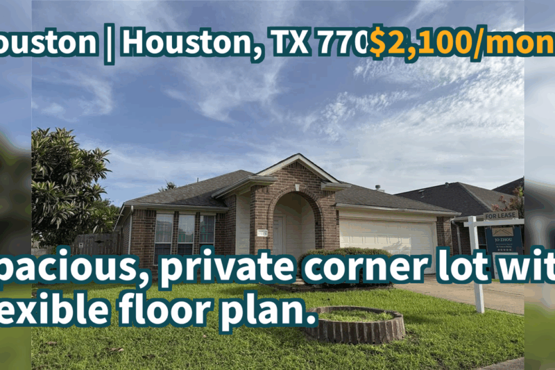 Houston, TX 77083 | $2,100/month | 2,156 Sqft, 4 beds, 2 full baths, Single-Family | Spacious, private corner lot with flexible floor plan.