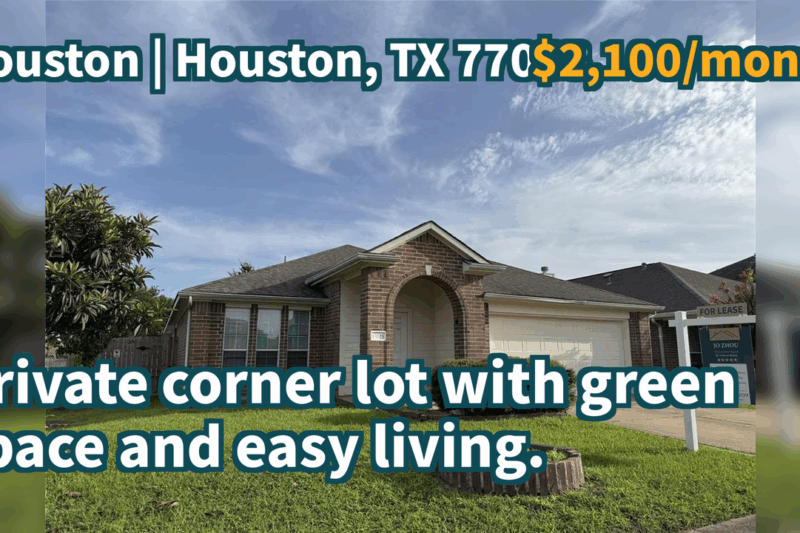 Houston, TX 77083 | $2,100/month | 2,156 Sqft, 4 beds, 2 full baths, Single-Family | Private corner lot with green space and easy living.