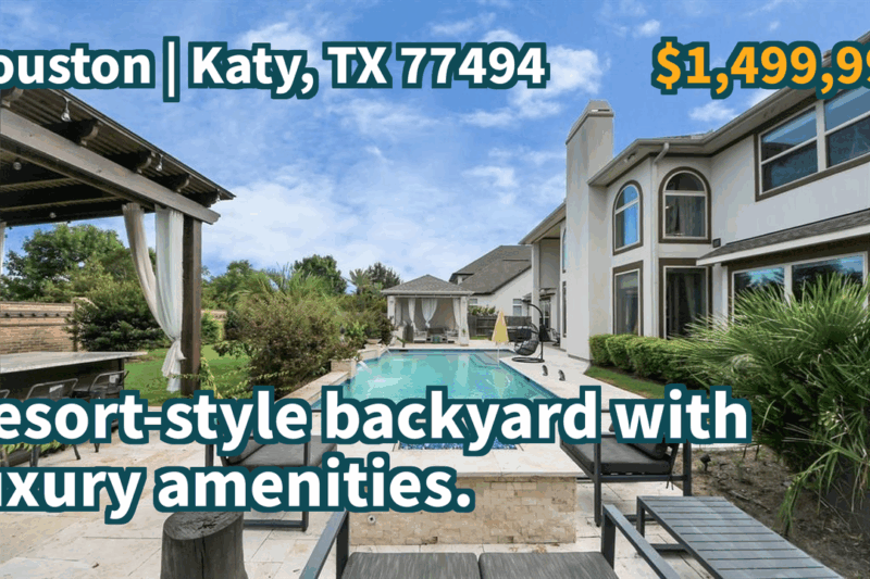Katy, TX 77494 | $1,499,999 | 4,241 Sqft, 5 beds, 5 full and 1 half baths, Single-Family | Resort-style backyard with luxury amenities.