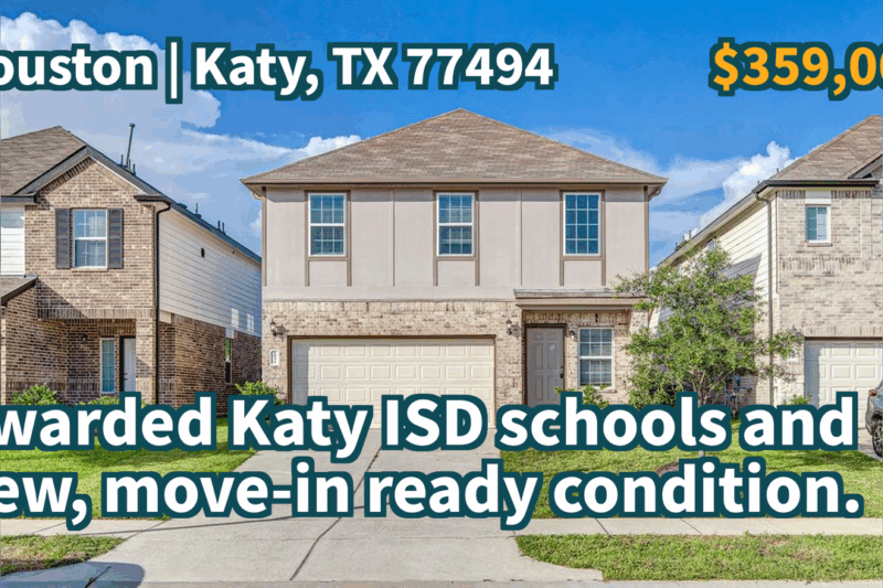 Katy, TX 77494 | $359,000 | 2,072 Sqft, 4 beds, 2 full and 1 half baths, Single-Family | Awarded Katy ISD schools and new, move-in ready condition.