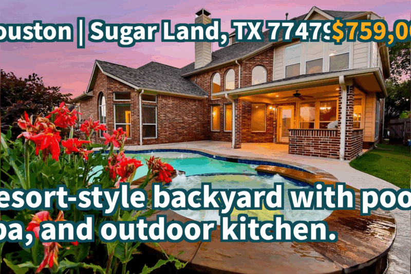 Sugar Land, TX 77479 | $759,000 | 4,103 Sqft, 4 beds, 4 full and 1 half baths, Single-Family | Resort-style backyard with pool, spa, and outdoor kitchen.