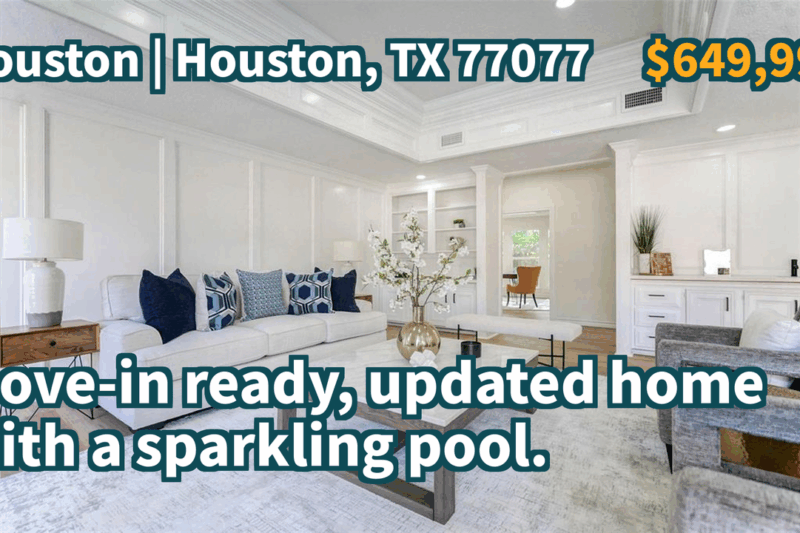 Houston, TX 77077 | $649,999 | 2,881 Sqft, 4 beds, 3 full and 1 half baths, Single-Family | Move-in ready, updated home with a sparkling pool.