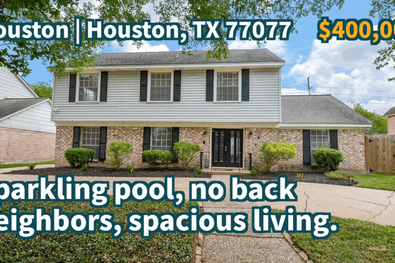 Houston, TX 77077 | $400,000 | 2,939 Sqft, 4 beds, 2 full and 1 half baths, Single-Family | Sparkling pool, no back neighbors, spacious living.