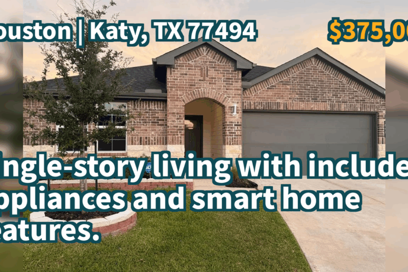 Katy, TX 77494 | $375,000 | 11,217 Sqft, 4 beds, 2 full baths, Single-Family | Single-story living with included appliances and smart home features.