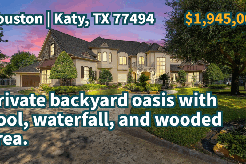 Katy, TX 77494 | $1,945,000 | 6,297 Sqft, 5 beds, 5 full and 2 half baths, Single-Family | Private backyard oasis with pool, waterfall, and wooded area.