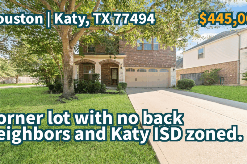 Katy, TX 77494 | $445,000 | 2,323 Sqft, 4 beds, 2 full and 1 half baths, Single-Family | Corner lot with no back neighbors and Katy ISD zoned.