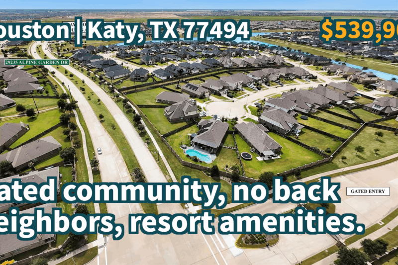 Katy, TX 77494 | $539,900 | 3,404 Sqft, 4 beds, 3 full and 1 half baths, Single-Family | Gated community, no back neighbors, resort amenities.