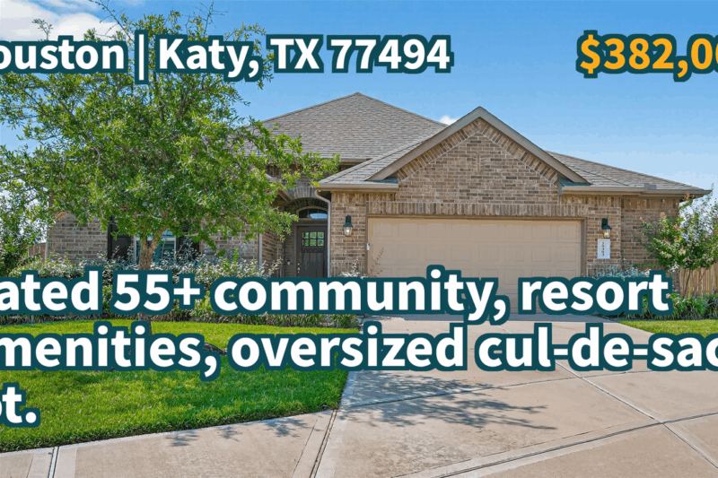 Katy, TX 77494 | $382,000 | 1,894 Sqft, 2 beds, 2 full and 1 half baths, Single-Family | Gated 55+ community, resort amenities, oversized cul-de-sac lot.