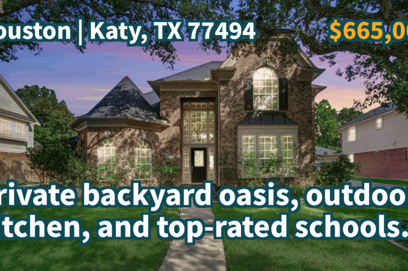 Katy, TX 77494 | $665,000 | 2,885 Sqft, 4 beds, 2 full and 1 half baths, Single-Family | Private backyard oasis, outdoor kitchen, and top-rated schools.
