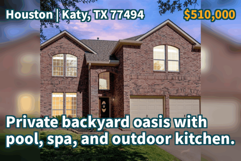 Katy, TX 77494 | $510,000 | 2,532 Sqft, 4 beds, 2 full and 1 half baths, Single-Family | Private backyard oasis with pool, spa, and outdoor kitchen.