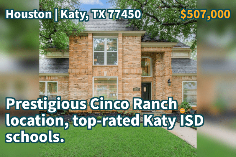 Katy, TX 77450 | $507,000 | 3,146 Sqft, 4 beds, 2 full and 1 half baths, Single-Family | Prestigious Cinco Ranch location, top-rated Katy ISD schools.