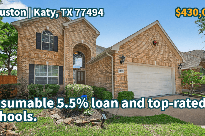 Katy, TX 77494 | $430,000 | 2,607 Sqft, 4 beds, 2 full and 1 half baths, Single-Family | Assumable 5.5% loan and top-rated schools.