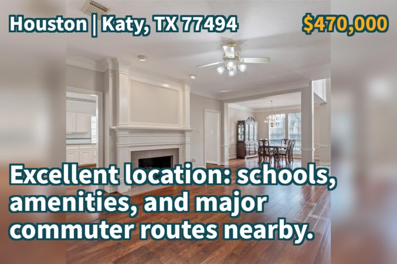 Katy, TX 77494 | $470,000 | 3,116 Sqft, 4 beds, 2 full and 1 half baths, Single-Family | Excellent location: schools, amenities, and major commuter routes nearby.