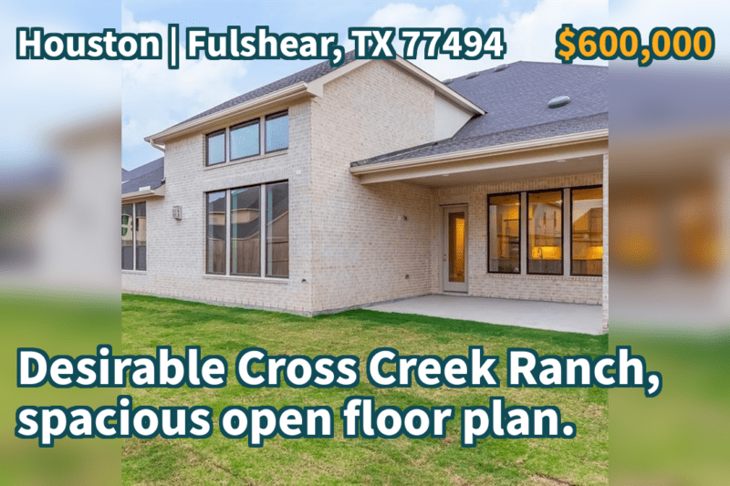 Fulshear, TX 77494 | $600,000 | 4,144 Sqft, 4 beds, 3 full baths, Single-Family | Desirable Cross Creek Ranch, spacious open floor plan.