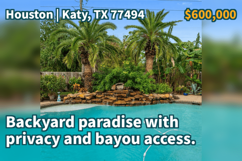 Katy, TX 77494 | $600,000 | 4,296 Sqft, 4 beds, 3 full and 1 half baths, Single-Family | Backyard paradise with privacy and bayou access.