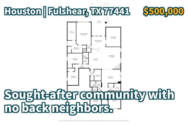 Fulshear, TX 77441 | $500,000 | 3,105 Sqft, 4 beds, 3 full baths, Single-Family | Sought-after community with no back neighbors.