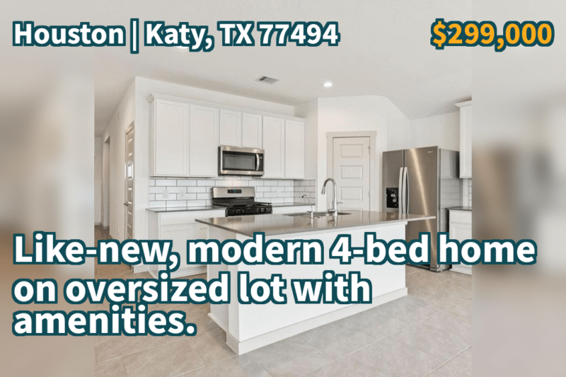Katy, TX 77494 | $299,000 | 1,827 Sqft, 4 beds, 2 full baths, Single-Family | Like-new, modern 4-bed home on oversized lot with amenities.