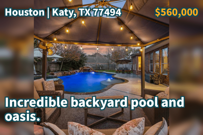 Katy, TX 77494 | $560,000 | 2,737 Sqft, 4 beds, 2 full and 1 half baths, Single-Family | Incredible backyard pool and oasis.