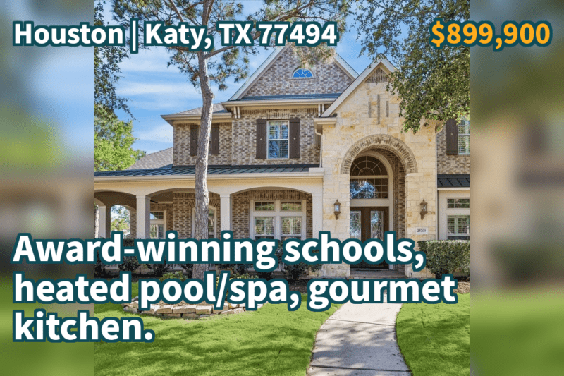 Katy, TX 77494 | $899,900 | 3,950 Sqft, 4 beds, 3 full and 1 half baths, Single-Family | Award-winning schools, heated pool/spa, gourmet kitchen.