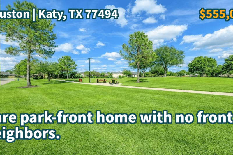 Katy, TX 77494 | $555,000 | 3,613 Sqft, 4 beds, 3 full and 1 half baths, Single-Family | Rare park-front home with no front neighbors.