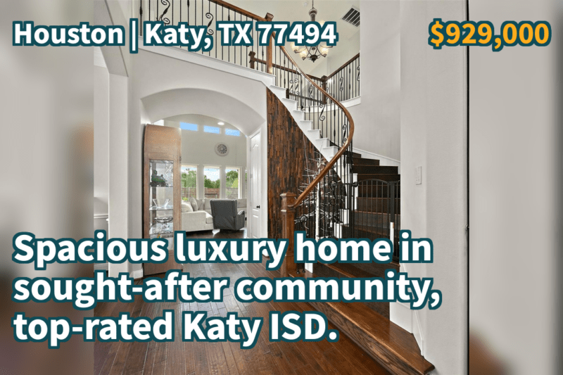 Katy, TX 77494 | $929,000 | 5,010 Sqft, 5 beds, 4 full and 1 half baths, Single-Family | Spacious luxury home in sought-after community, top-rated Katy ISD.